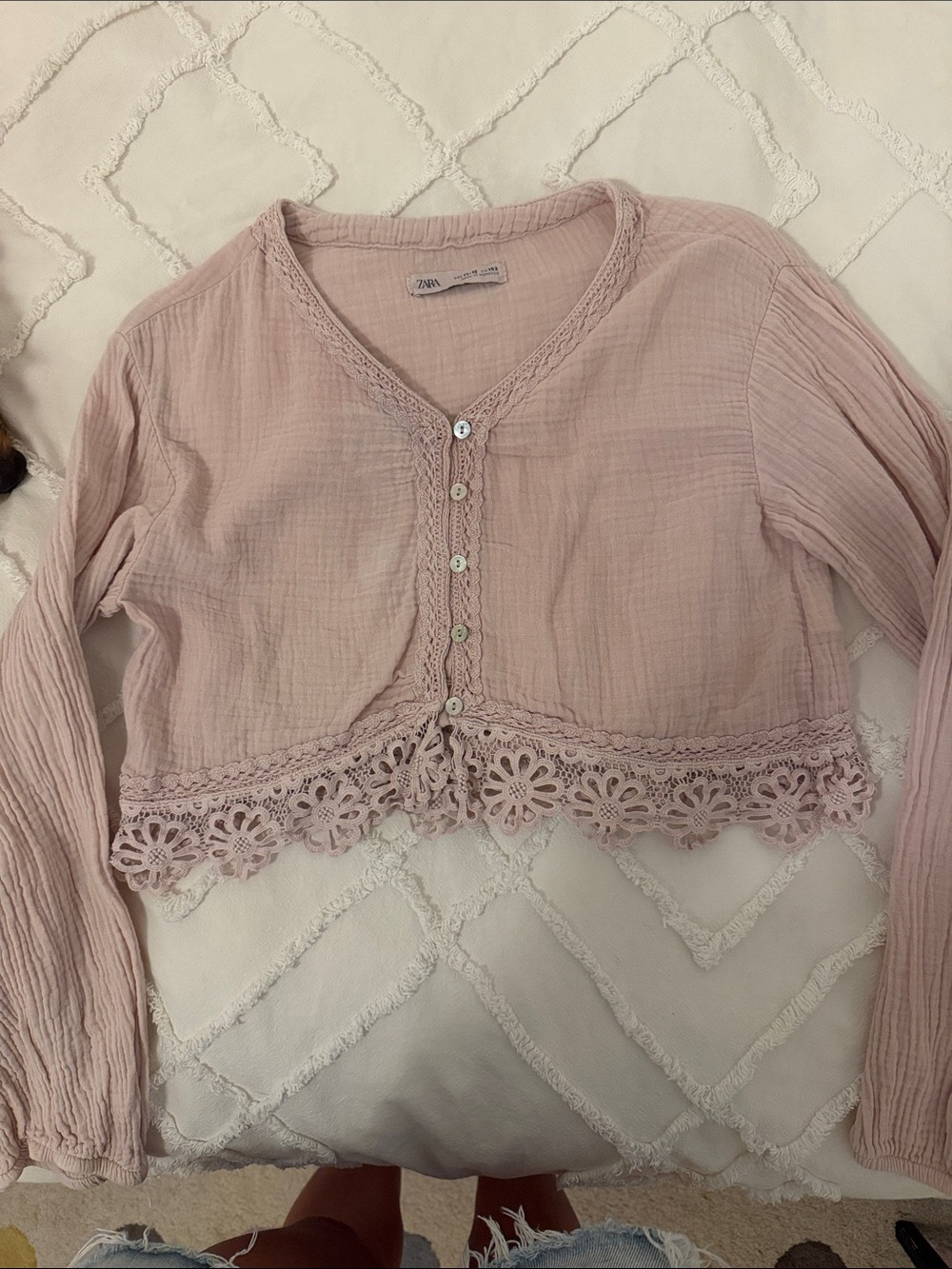 Zara Dusty Pink Crochet-Hem Button Crop Top